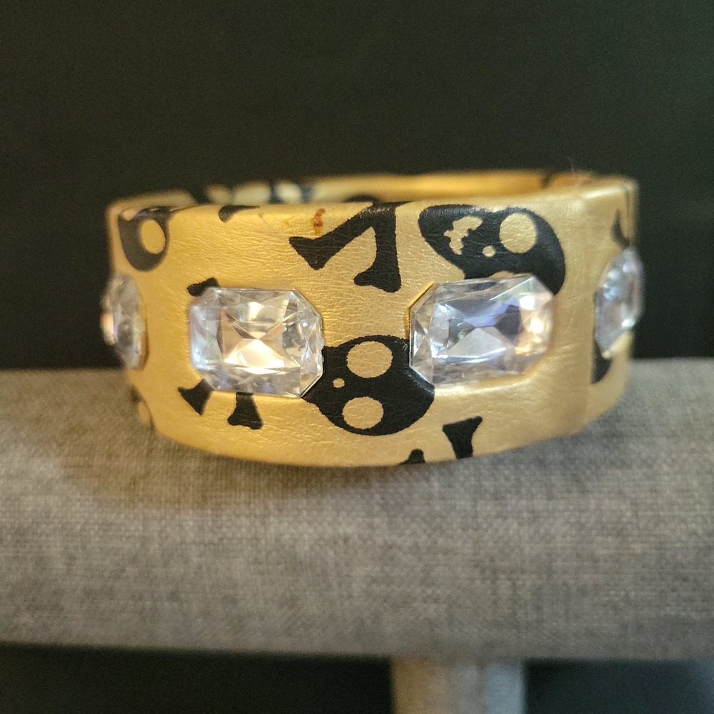 Gold Faux Leather Skull Crossbones Rhinestone Bangle Bracelet Medium Grunge